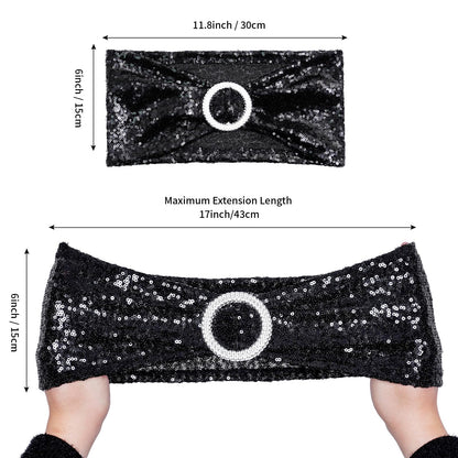 Poise3EHome Pack of 10 Black Sequin Chair Sashes, Double Sided Glitter Stretchy Chair Bands with Buckle for Home Party Bridal Shower Wedding Banquet Reception Decorations