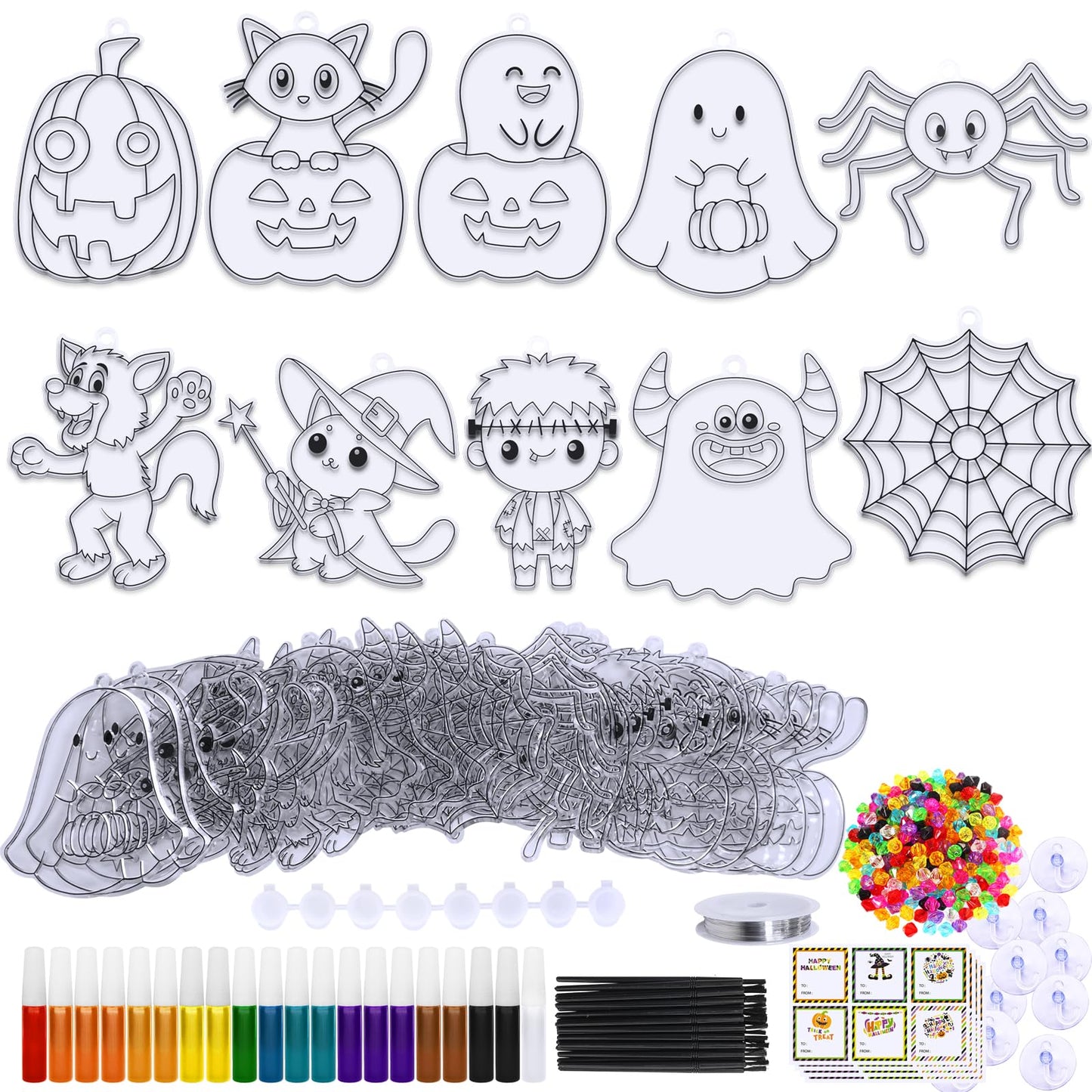 Winlyn 30 Sets Halloween Suncatchers Ornaments Decorations DIY Window Paint Art Suncatchers Halloween Craft Kits Jack-O'-Lantern Ghost Spider Sun Catchers for Kids Classroom Activities Art Project