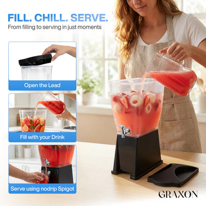 Large Drink Dispenser for Parties (3 Gallon) Slim Plastic Beverage Dispenser with Base for Counter Tops, No Mess, Easy to Assemble & Wash (1 Pack)