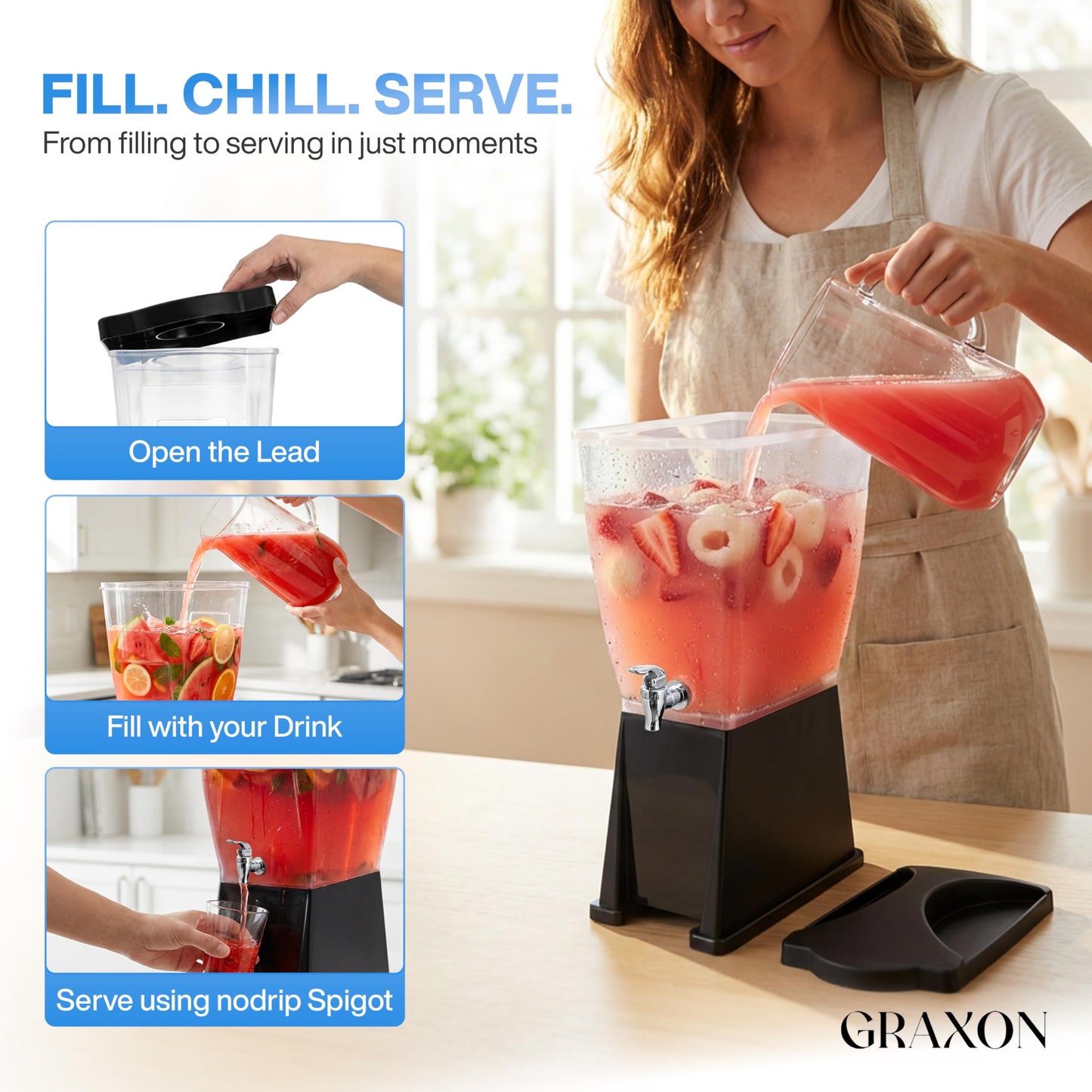 Large Drink Dispensers for Parties (3 Gallon) Slim Plastic Beverage Dispenser with Base for Counter Tops, No Mess, Easy to Assemble & Wash (2 Pack)