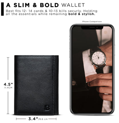 SERMAN BRANDS Trifold Wallet for Men - RFID Blocking Genuine Leather, 11 Card Slots & ID Window, Slim Everyday Carry, Durable Stitching, Gift for Him