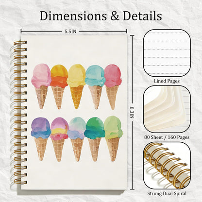 FTKBGHY Summer Colorful Ice Cream Spiral Notebook, Ice Cream Lovers Gifts, Ice-Creams Themed Notebooks for Note Taking, Watercolor Ice-Creams Journal, Coworker Gifts, 5.5x8.3 Inch