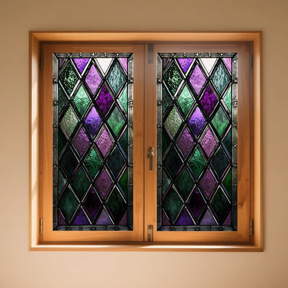 IVN Privacy Window Film Stained Glass Window Cling Purple Green Diamond Pattern Decorative Static Cling Window Sticker for Bathroom Kitchen Entry Door 17.7 x 39.3 Inch