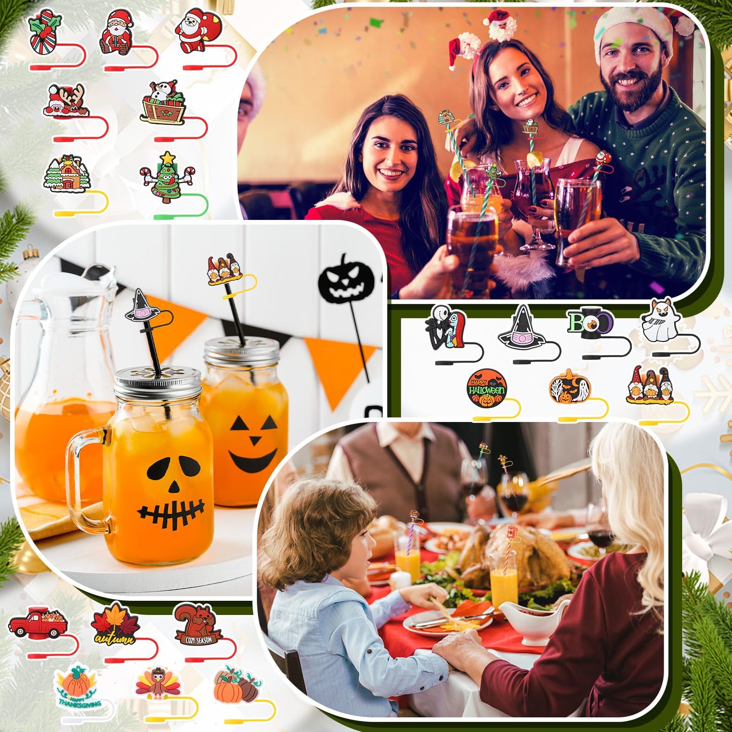 Ovveroche 50 Pcs Holiday Straw Toppers Compatible with Stanley Cup Silicone Cute Straw Cover Cap for Christmas Halloween Easter Independence Day St Patrick's Day 10mm