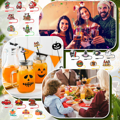 Ovveroche 50 Pcs Holiday Straw Toppers Compatible with Stanley Cup Silicone Cute Straw Cover Cap for Christmas Halloween Easter Independence Day St Patrick's Day 10mm