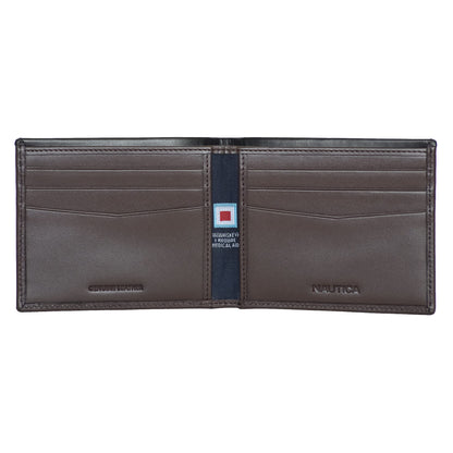 Nautica Men's Bifold Leather Wallet | RFID Blocking | ID Window | Card Slots | Organization | Durable | Stylish, Pop Color - Black/Brown