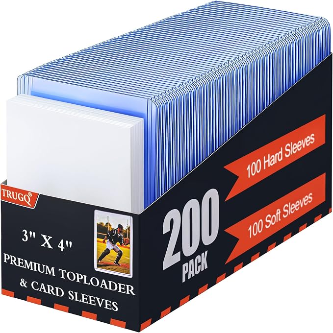 200 Card Sleeves Toploads for Cards,3" x 4" Baseball Card Protectors,Premium Standard Size Trading Hard Plastic Card Holder for Sports Football Cards(100 Hard Protectors +100 Soft Sleeves)