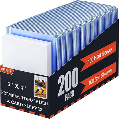 200 Card Sleeves Toploads for Cards,3" x 4" Baseball Card Protectors,Premium Standard Size Trading Hard Plastic Card Holder for Sports Football Cards(100 Hard Protectors +100 Soft Sleeves)