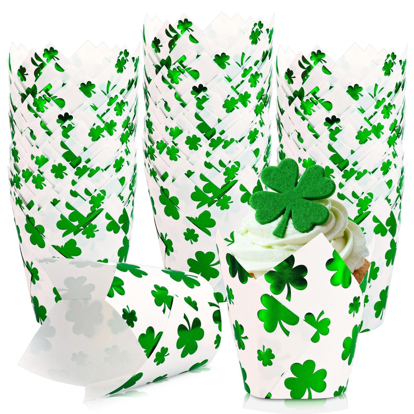 Whaline 120Pcs St. Patrick's Day Tulip Cupcake Liners Green Foil Shamrock Muffin Baking Cups Lucky Clover Cupcake Wrappers for Spring Irish Holiday Party Supplies Table Decor