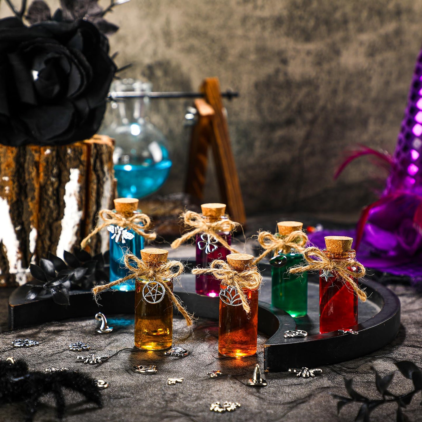 LemonRoad 24 Pcs Spell Jars for Witchcraft Small Tiny Glass Spell Potion Bottles with Cork and 24 Pendants Witchcraft Supplies Gifts Wishing Bottles with Rope for DIY Crafts
