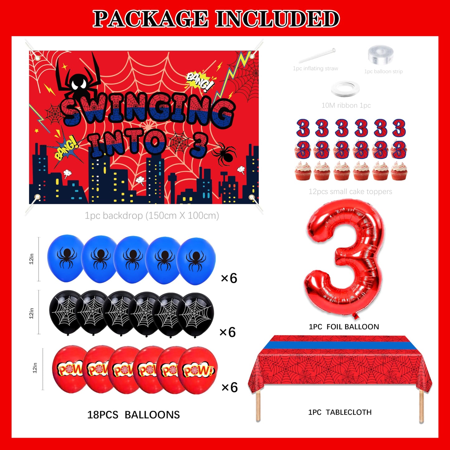 3rd Red Spider Web Birthday Party Decorations For Boy, 3rd Birthday Backdrop Tablecloth Fringe Curtain Balloon Arch,Cake Topper Party Supplies