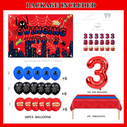 3rd Red Spider Web Birthday Party Decorations For Boy, 3rd Birthday Backdrop Tablecloth Fringe Curtain Balloon Arch,Cake Topper Party Supplies