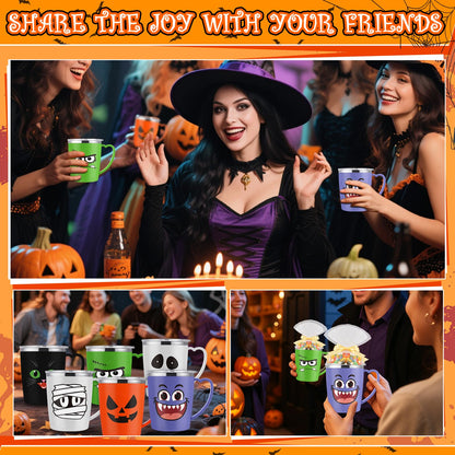 Patelai 6 Sets Halloween Coffee Mugs Cups 16 oz Halloween Stainless Steel Insulated Tumblers Bulk with Handle Lid Straw Brushes Clear Opp Bags Ribbons Spooky Black Cat Ghost Trick or Treat Party Gifts