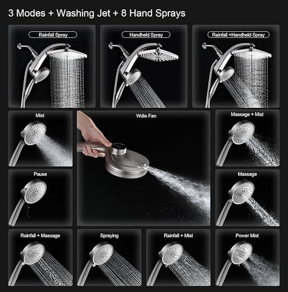 BOZYBO Rain Shower Head with Handheld: High Pressure Shower Heads with Handheld Spray Combo, 12" Rainfall Shower Head and 9 Sprays Hand Showerheads with Magnetic Docking and Power Jets, Nickel 1.75GPM