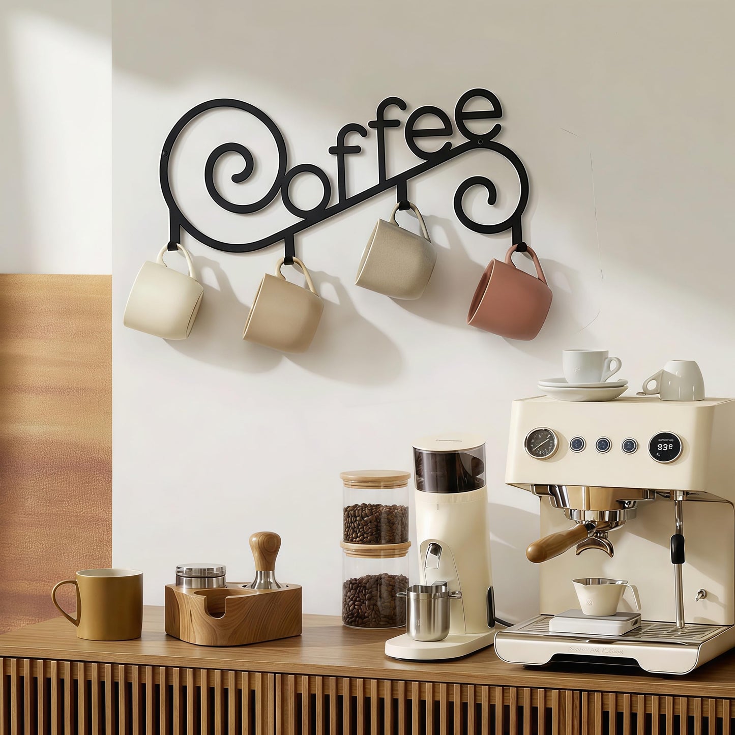 WOPARTY Metal Wall Mounted Coffee Cup Mug Holder with 4 Hooks, 15.75 x 6.3 Inch, Decorative Coffee Bar,Kitchen, Bar Station Accessories Decor