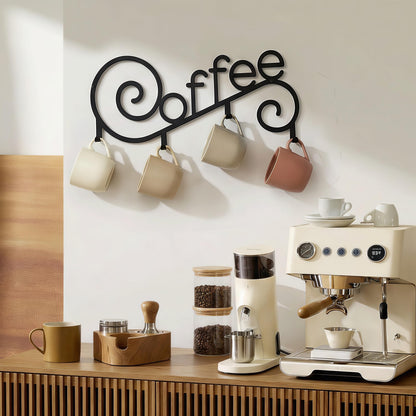 WOPARTY Metal Wall Mounted Coffee Cup Mug Holder with 4 Hooks, 15.75 x 6.3 Inch, Decorative Coffee Bar,Kitchen, Bar Station Accessories Decor
