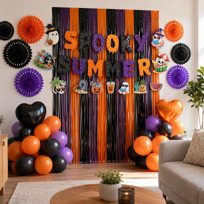 Gameza Summer Halloween Party Decorations - 27PCS Spooky Summer Halloween Banners Paper Fans Balloons Fringe Curtain Decor, Ghost Ween Vibes Holiday Party Supplies