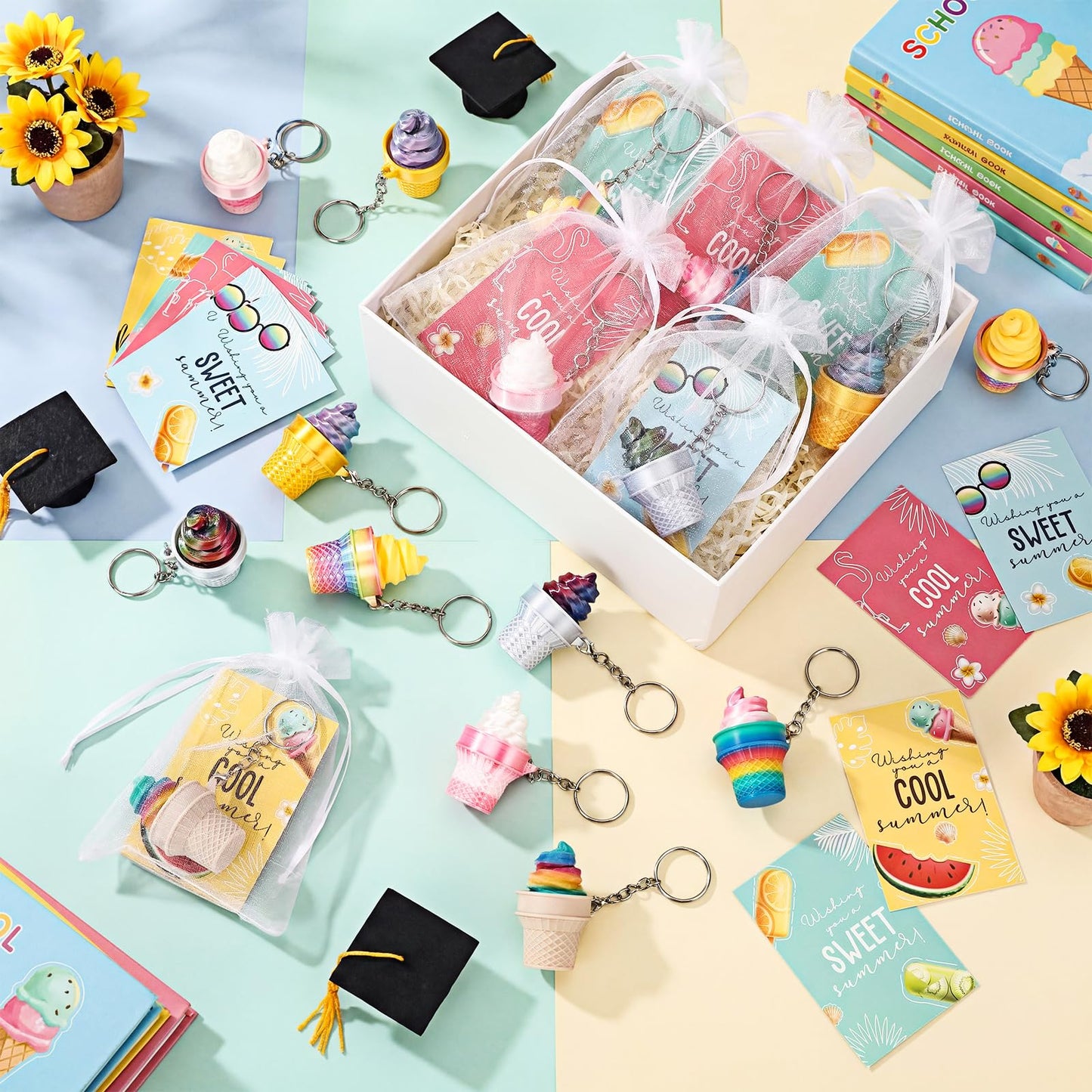 Junkin 24 Sets Ice Cream 3D Clicker Fidget Keychain with Inspirational Cards – Stress Relief Party Favors Bulk Graduation Gifts for Adults Graduates Coworkers Summer Ice Cream Party Favors