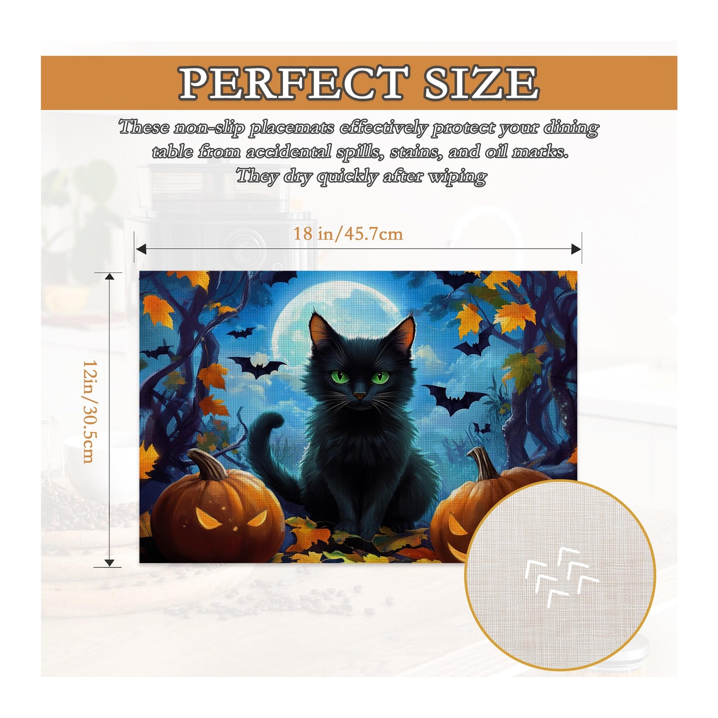 Black Cat Placemats Set of 6,Halloween Pumpkin Heat Resistant Non Slip Table Mats,Washable Wipe Clean Dining Placemats 12 x 18 Inches