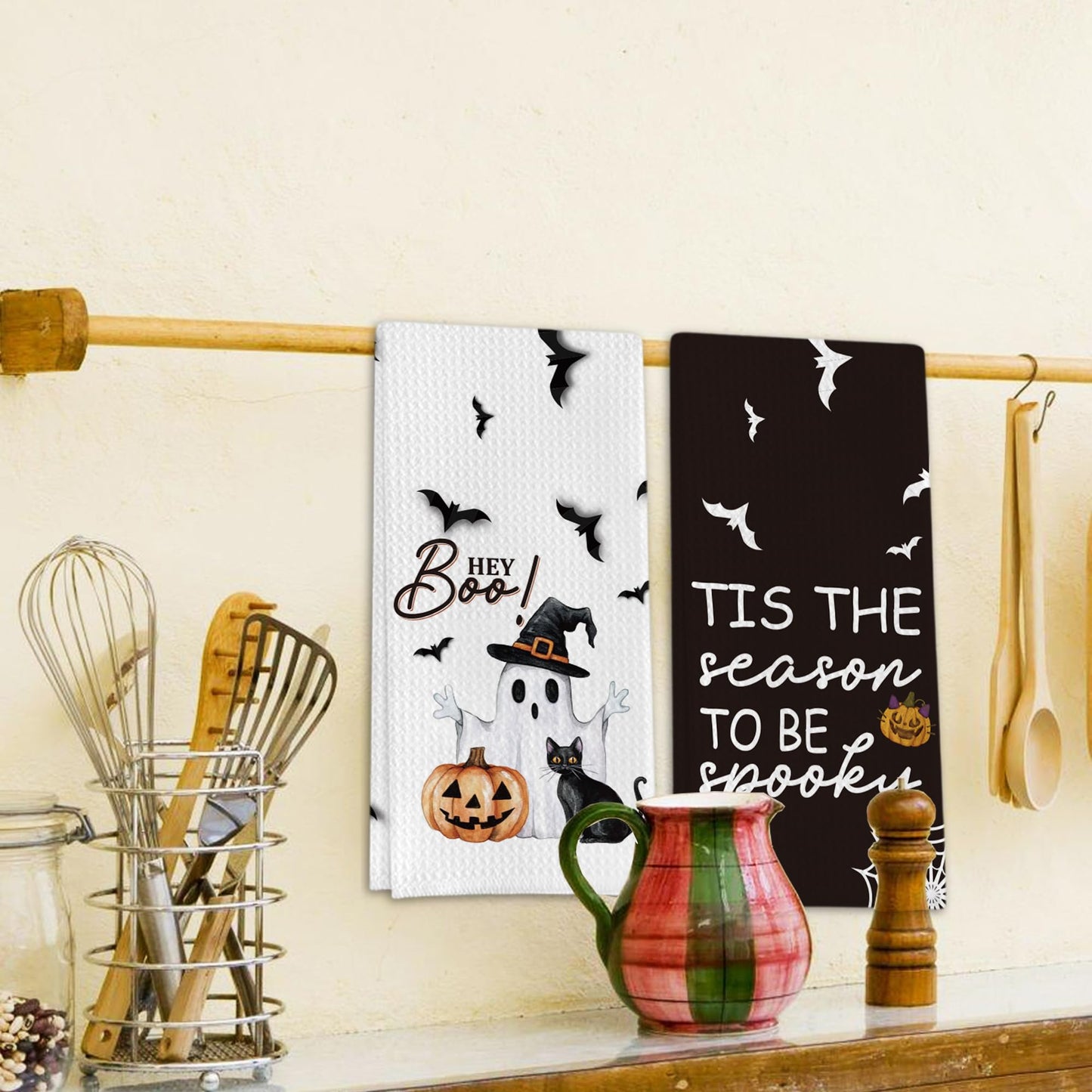 Foggolight Ghost Pumpkins Bats Cat Hey Boo Halloween Waffle Weave Kitchen Towels, 16x24 Inches