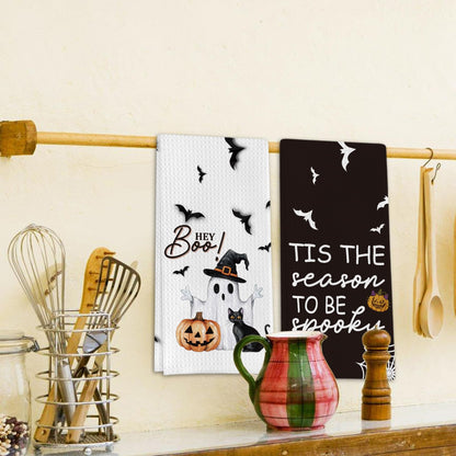 Foggolight Ghost Pumpkins Bats Cat Hey Boo Halloween Waffle Weave Kitchen Towels, 16x24 Inches
