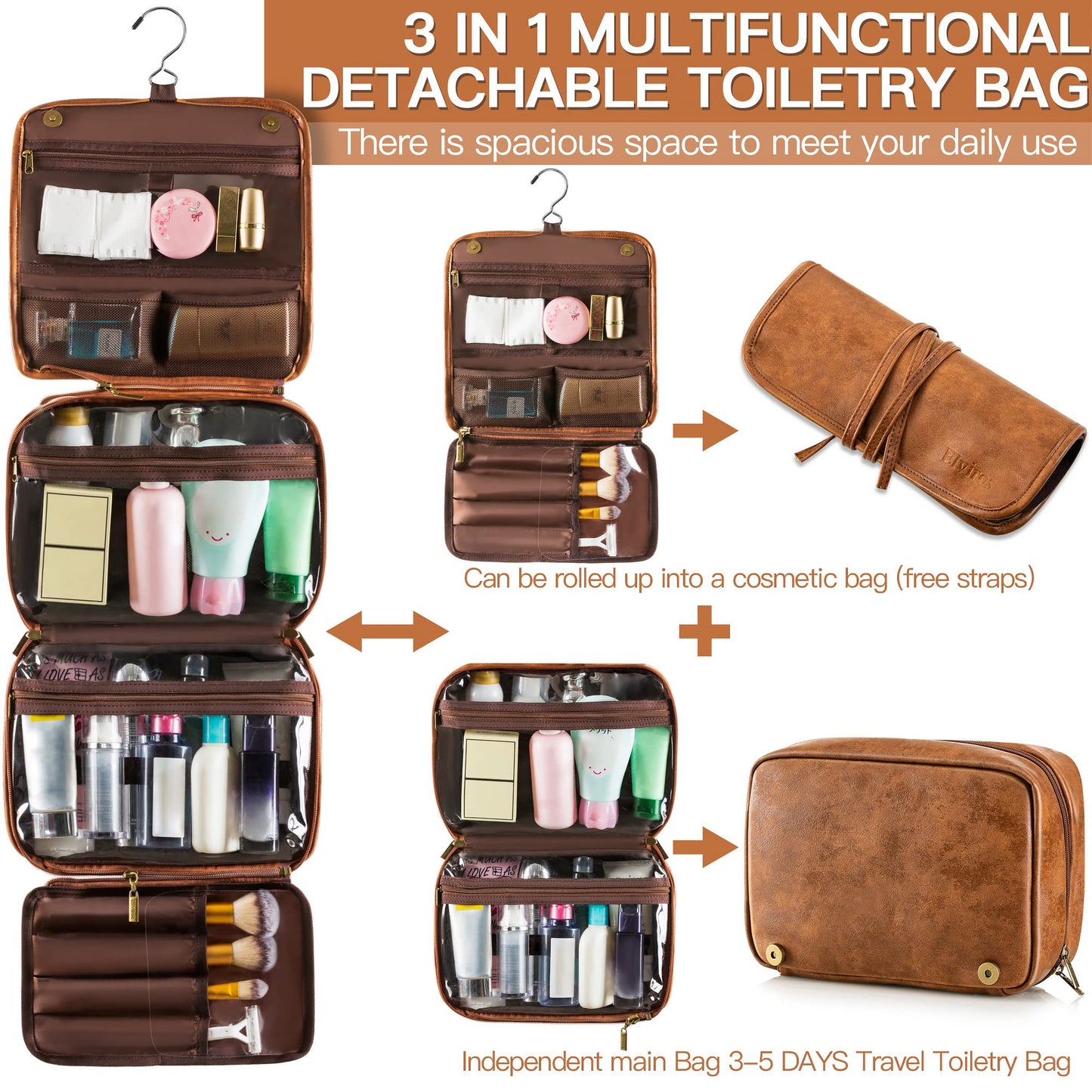 Elviros Hanging Toiletry Bag for Men Travel Essentials 3-in-1 Large Waterproof Dopp Kit PU Leather Shaving Bag with Separate Compartments for Grooming and Toiletries Mens Gift