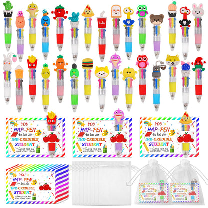CZWZ 30 Set Cute Multicolor Pens in One 4-in-1 Fun Pens Bulk with 30 Gift Cards for Kindergarten Party End of Year Student Gift Bulk Office School Exchange Gifts