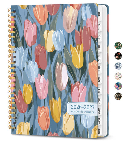 Academic Planner 2026-2027, Monthly and Weekly Calendar Planner, July 2026 - June 2027, Pretty Hardcover Teacher Student Planning Agenda Book with Tabs, Fit for School Office Supplies, 6.3" x 8.5", Soft Tulips