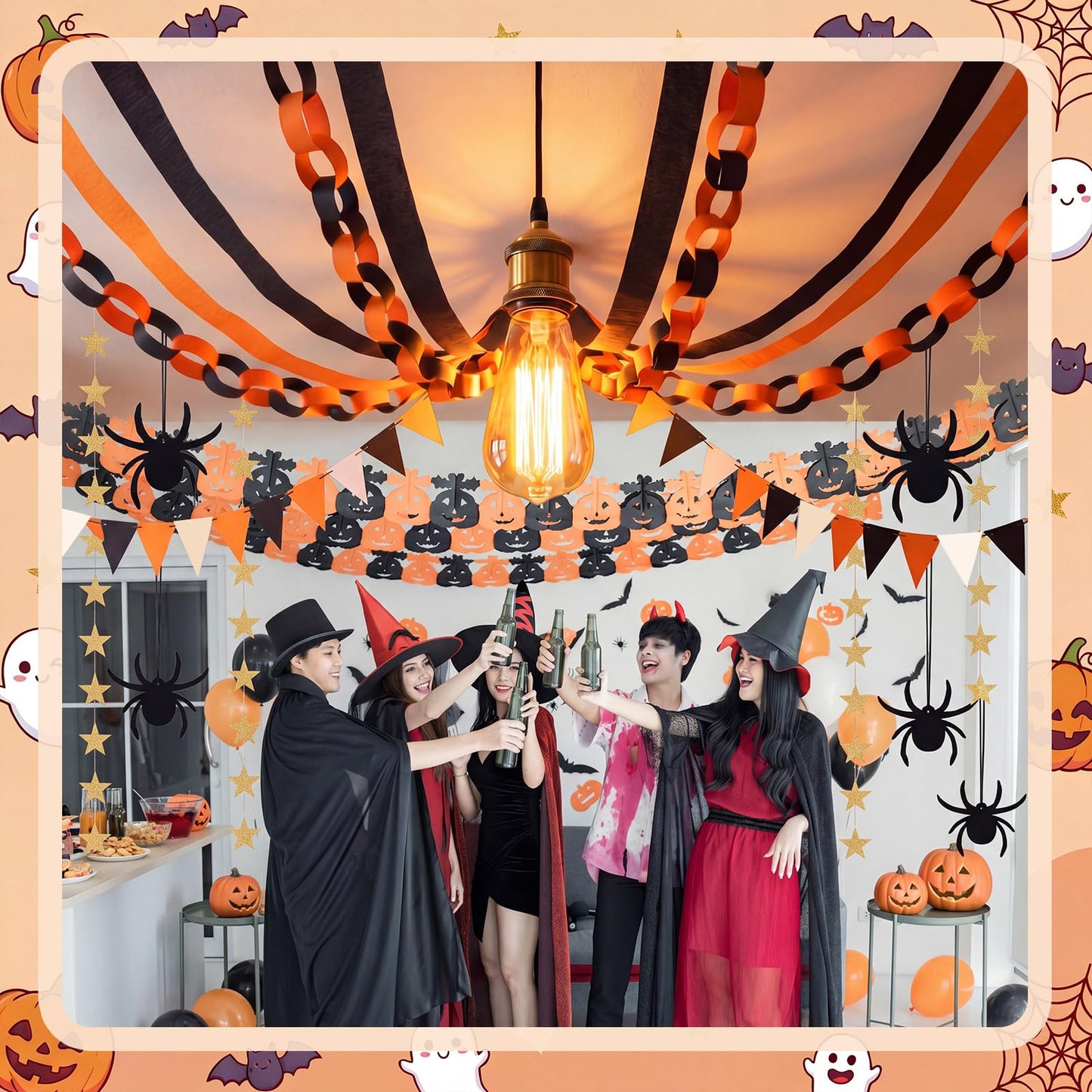 Epakh Halloween Ceiling Decorations Black and Orange Paper Chain Garland Gold Star Curtains Spider Hanging Decor Crepe Paper Streamer Banner for Halloween Party Haunted House Classroom Decor