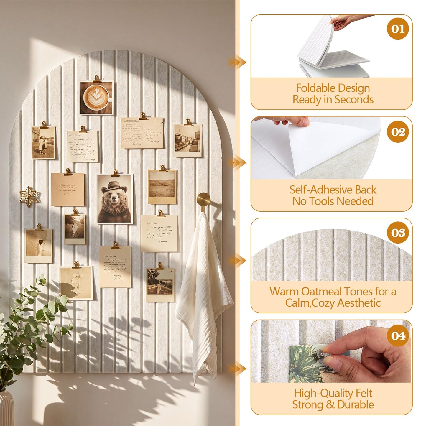 Mindsoft 2 Pcs 35" x 24" Large Integrated Arched Felt Bulletin Board - Foldable Cork Board Alternative - No Assembly Wall Decor for Office, Bedroom & Home Display Photos (Oatmeal)