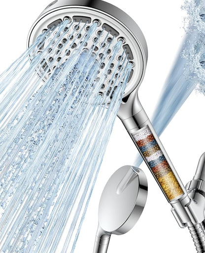 6 Spray Modes Filtered Handheld Showerhead Set, Huge 6-Inch High Pressure Shower Head with Handheld Spray, Chrome Water Softener Shower Head for Hard Water, Built-in Power Wash to Clean Tub