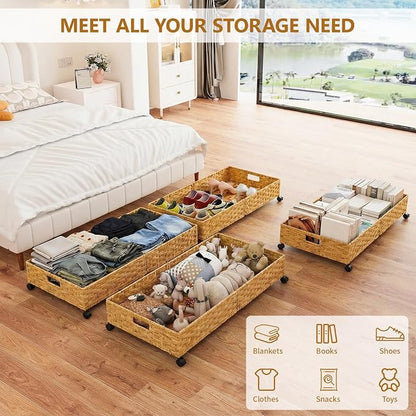 Under Bed Storage with Wheels, 31.5In/40L Large Rolling Underbed Storage Organizer Drawers Bins, Rattan Under the Bed Storage Containers with Handles, Space Saving Design for Clothes,Shoes,Books