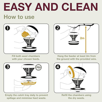 SWISSINNO Bird Feeders - No Mess Hanging Bird Feeder for Outdoors - Smart Birds Davos Spill Proof Wild Cardinal & Small Bird Feeder with Integrated Seed Catcher Tray - Dual Chamber - Light Grey