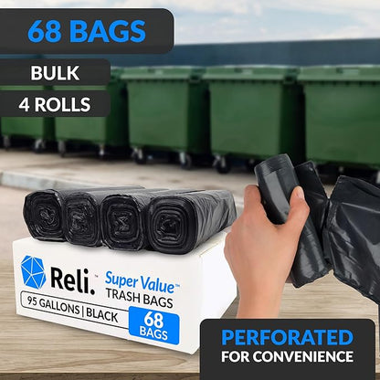 Reli. 95 Gallon Trash Bags Heavy Duty | 68 Trash Bags | Super Sizeable