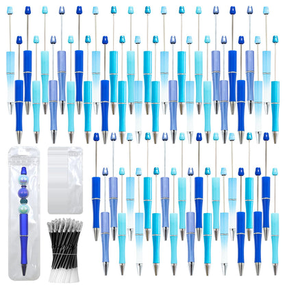 DASTTUIS 150 Pieces DIY Beadable Pen Kit – 50 Plastic Ballpoint Pens with Refills & Bags – School Supplies, Office Accessories & Decorative Items for Students & Teachers (Blue)