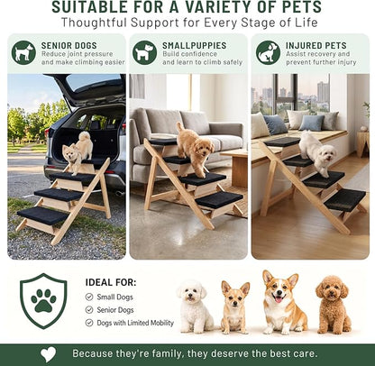 Dog Stairs/Ramp for Bed, Wooden 2-in-1 Foldable Pet Stairs & Ramp, Portable Dog Ladder Up to 180 Pound for Elderly/Short-Legged Dogs, 4 Steps for Beds, Couch