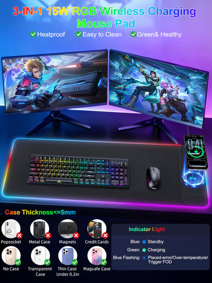 Mouse Pad with 15W Wireless Charging, RGB Gaming Mousepad, 31.5"x11.8" Large XXL Desk Mat, 16 Lighting Modes Keyboard Pad with Non-Slip Rubber Base, Waterproof Computer Mat for Gaming, Black-Right