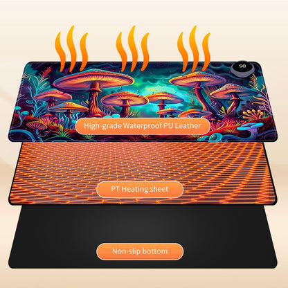 Heated Mouse Pad for Desk 31.5" x 13" – PU Leather Warm Desk Pad with 3 Heat Levels (104°F/113°F/122°F), Plug-in Electric Heating Mat with Auto Shut-Off, Waterproof & Rollable, Mushrooms