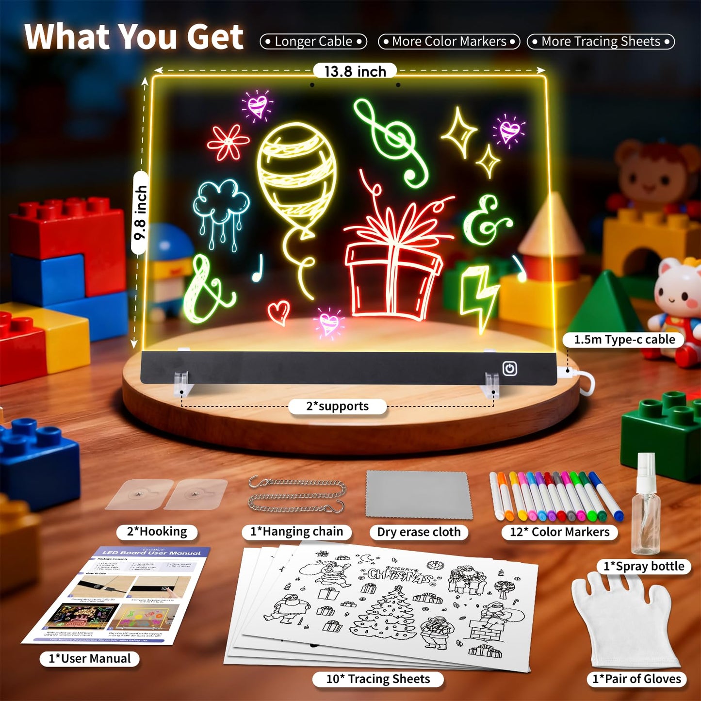 LuxuMach LumiBoard Led Drawing Board for Kids, LED Note Board with Colors, Glowing Acrylic Dry Erase Boards, Gift for Girls on Birthdays & Christmas (13.8" x 9.8", Black)