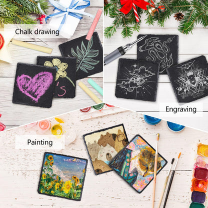 4 PCS Square Slate Drink Coasters Set, SIJDIEE 4 Inch Laser Engraving Black Slate Stone Coasters with Anti-Scratch Bottom and Coaster Holder for Office Bar Kitchen Home Dinner Table Decor Supplies