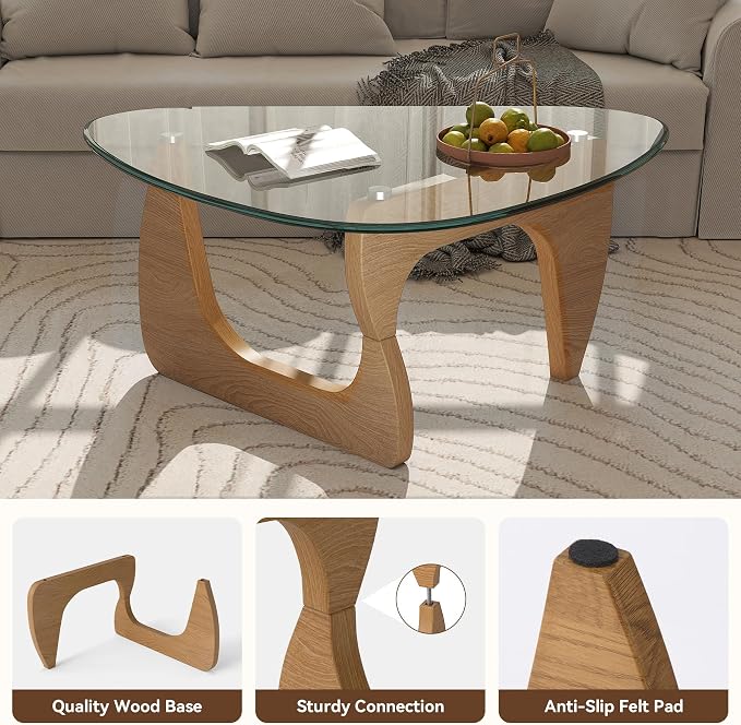 Modern Glass Coffee Table, Triangle Center Table with Tempered Glass Top& Unique Wooden Base, 35.5” Mid Century Tea Tables for Living Room, Apartment, Office,Wood &Transparent