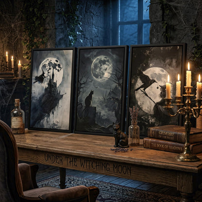 SOUHLP Gothic Wall Art Witch Black Cat Raven Poster Set, 12x16in