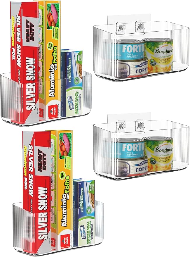 4 Pack Cabinet Door Organizers Plastic Wrap Holders for Kitchen Organizers, No drilling Wall Door Mount Kitchen Wrap Rack for Foil Wrap, Cling Wrap, and Food Bags, Clear