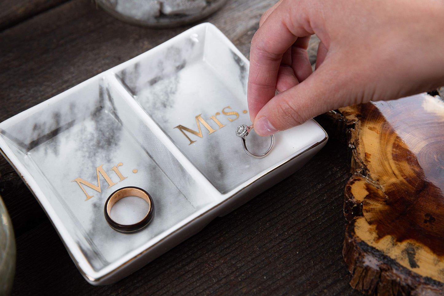 Aller Home & Kitchen Mr. & Mrs. Ring Dish - Marble Design Trinket Dish, Couples Ring Holder Dish - His and Hers Two Section Jewelry Dish Tray, Great for Wedding and Engagement Gifts