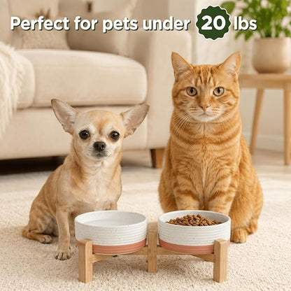 SPUNKYJUNKY Elevated Dog Bowls Ceramic, 5.1'' Dogs and Cat Food Water Bowls Raised with Non-Slip Bamboo Stand for Puppy Small Sized Breed Microwave Dishwasher Safe - 13.5 OZ,Pattern White