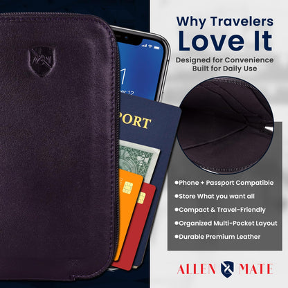 ALLEN & MATE Genuine Leather iPhone Pouch with Zip – Slim Mobile Phone Sleeve Cell Phone Pouch for iPhone 17 Pro Max, 16, 15, Google Pixel 10, Samsung Galaxy S25 & Android Smartphones Brown