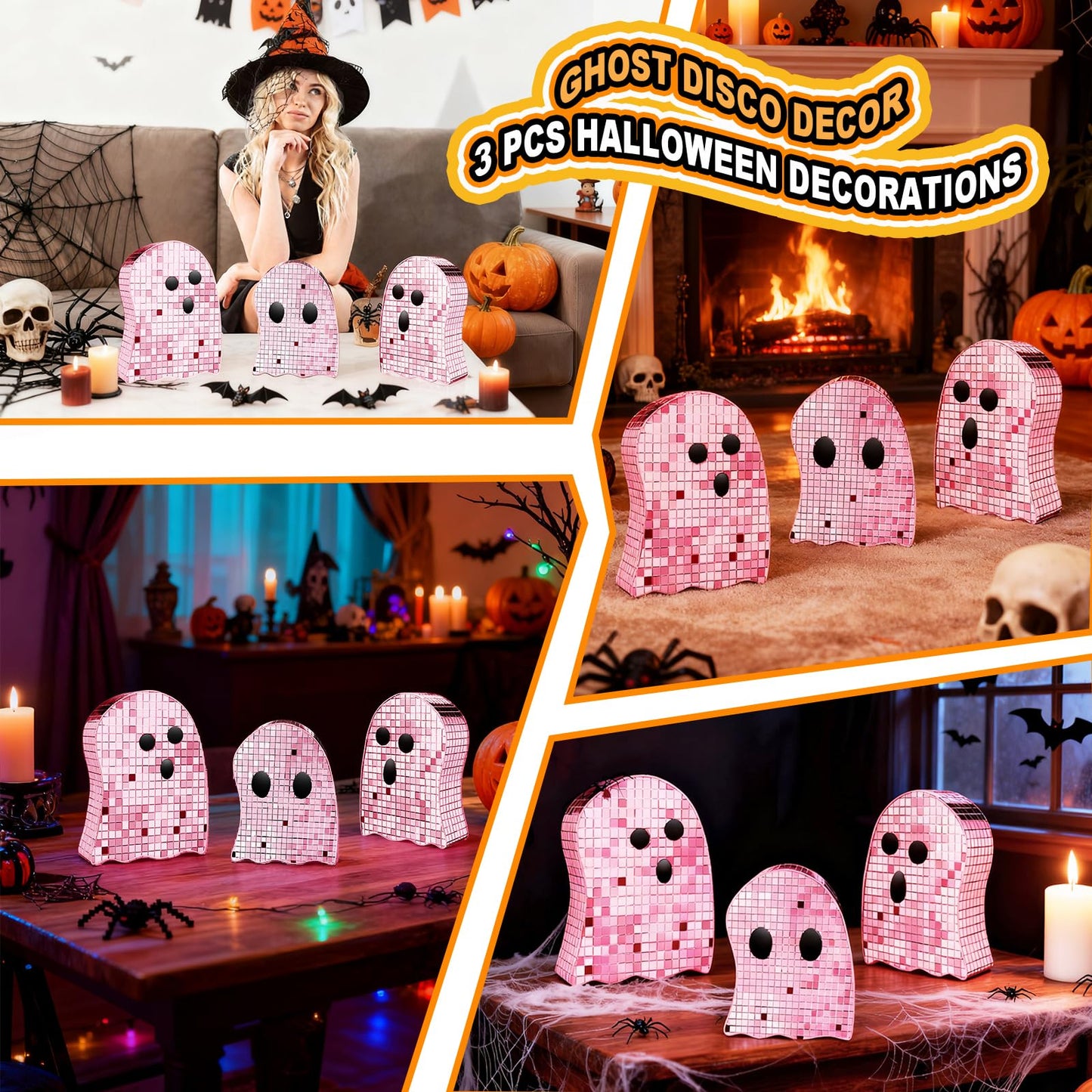 Sel Natural 3 Pcs Halloween Disco Ghost Decor,5.9" 7" 8.2" Ghost Mirror Disco Ball Indoor Glitter Spooky Ghost Sign Halloween Tiered Tray Decor Mosaic Table Centerpiece for Party Gift (Pink)