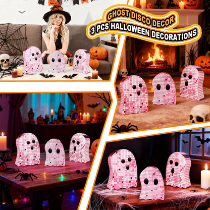 Sel Natural 3 Pcs Halloween Disco Ghost Decor,5.9" 7" 8.2" Ghost Mirror Disco Ball Indoor Glitter Spooky Ghost Sign Halloween Tiered Tray Decor Mosaic Table Centerpiece for Party Gift (Pink)