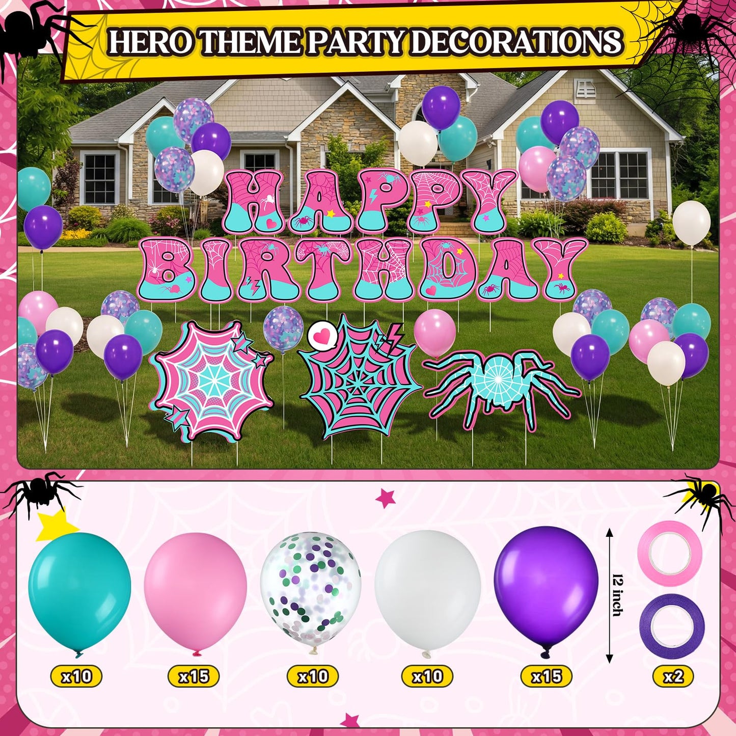 Soulchen 78 Pcs Spider Happy Birthday Party Decorations 13'' Spider Yard Signs with 60 Latex Balloons Decor Happy Birthday Letter Lawn Signs with Stakes for Outdoor Yard Lawn