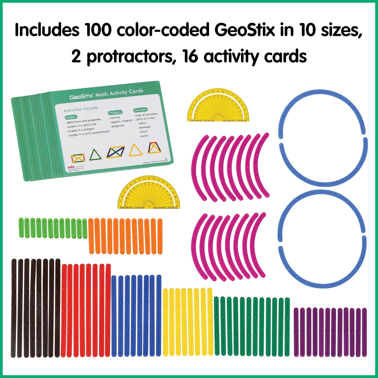 edxeducation GeoStix Deluxe Set | Teach Geometry | 100 Construction Sticks, 2 Protractors, Activity Cards | Manipulative for Math, Art and Fine Motor Skills